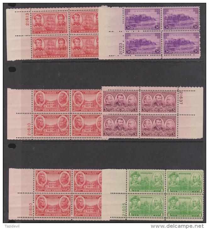 USA -  Group Of Mainly 1930's Blocks Of Four, Includes A Couple Plate Numbers. Two Or 3 Are Hinged, Remainder Fresh MNH - Numéros De Planches