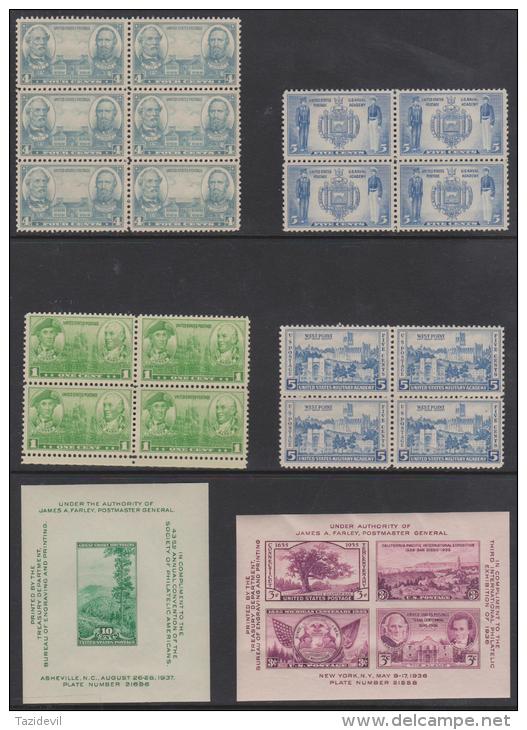 USA -  Group Of Mainly 1930's Blocks Of Four, Includes A Couple Plate Numbers. Two Or 3 Are Hinged, Remainder Fresh MNH - Numéros De Planches