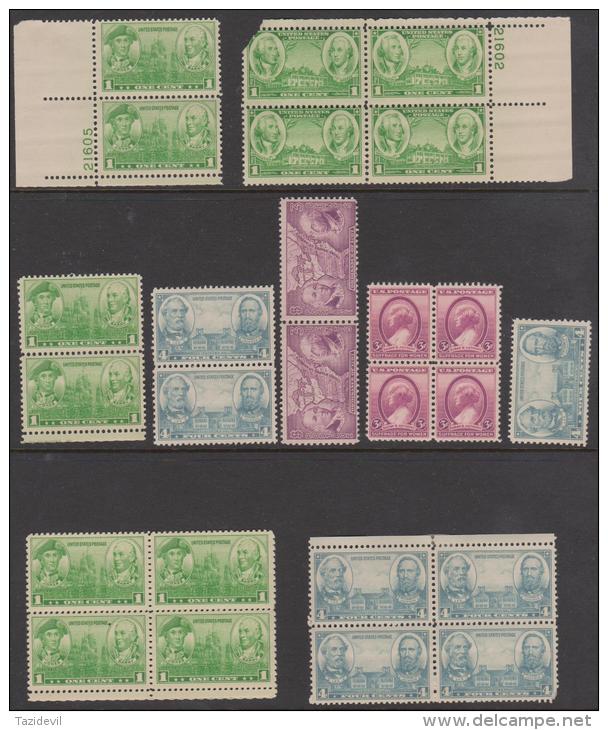 USA -  Group Of Mainly 1930's Blocks Of Four, Includes A Couple Plate Numbers. Two Or 3 Are Hinged, Remainder Fresh MNH - Numéros De Planches