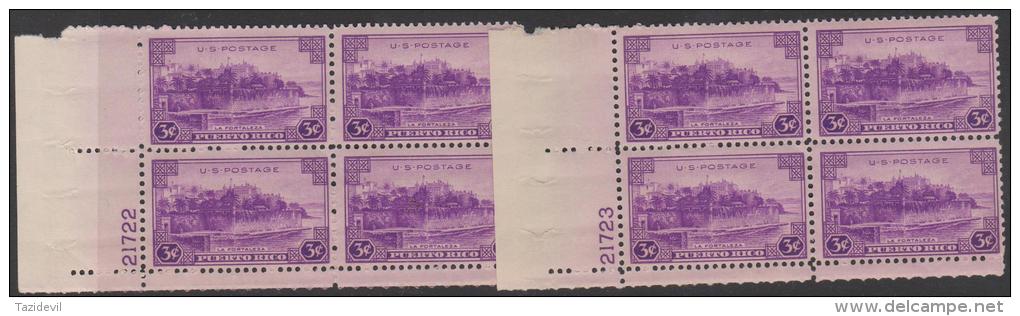 USA - 1937 Two Different 3c La Fortaleza Plate Number Blocks Of Four. Scott 801. MNH ** - Numéros De Planches