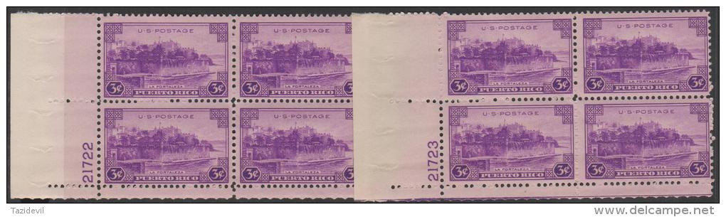 USA - 1937 Two Different 3c La Fortaleza Plate Number Blocks Of Four. Scott 801. MNH ** - Numéros De Planches