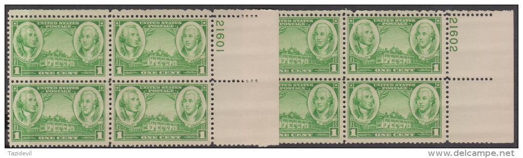 USA - 1937 Two Different 1c Army  Plate Number Blocks Of Four. Scott 785. MNH ** - Numéros De Planches