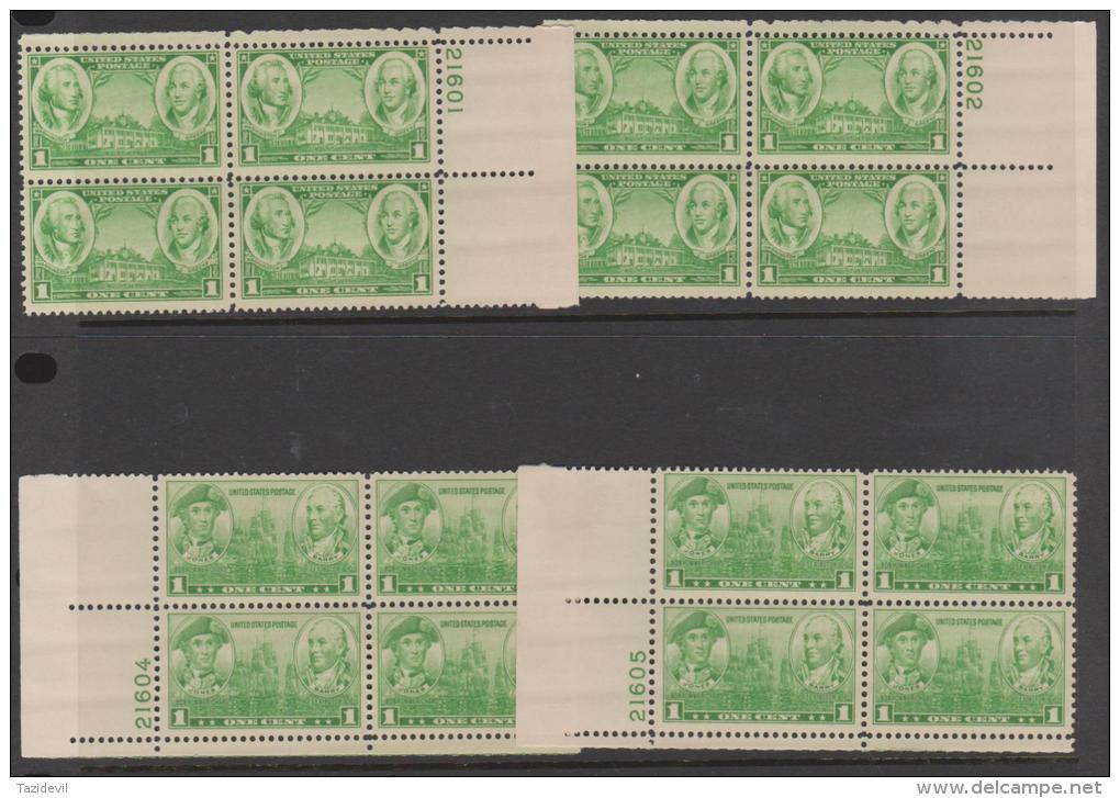 USA - 1937 Four  Different 1c Army  Positional Plate Number Blocks Of Four. Scott 785. MNH ** - Numéros De Planches