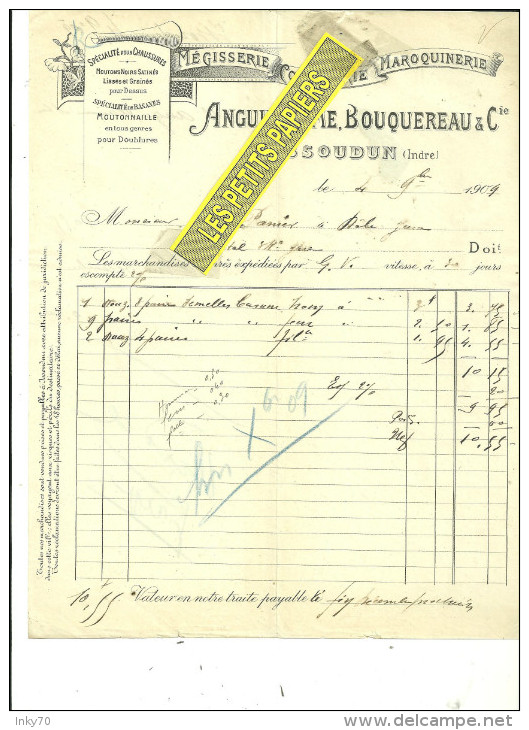 36 - Indre - ISSOUDUN - Facture ANGUILLAUME & BOUQUEREAU - Mégisserie, Corroierie – 1909 - REF 198 - 1900 – 1949