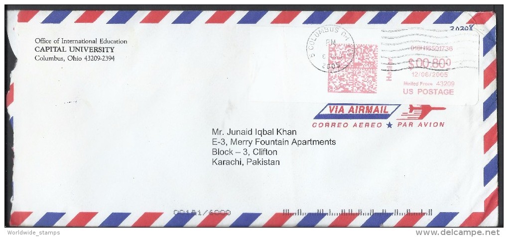 USA Columbus Airmail Cover With Franking Machine Meter Mark Postal History Cover Sent To Pakistan. - 2001-10