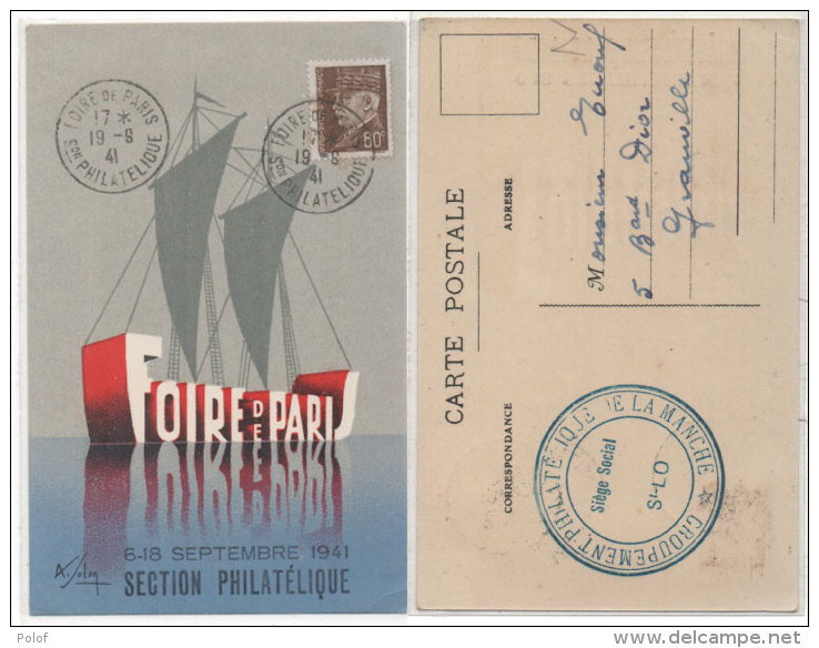 Foire De Paris 1941 - Cachet Spécial De La Foire De Paris - Section Philatélique + Cachet Philatélie De St Lo  (80350) - Folon