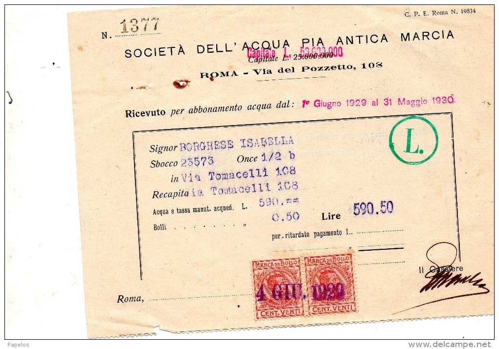 1930 SOCIETA'  DELL'ACQUA PIA ANTICA MARCIA - Italia