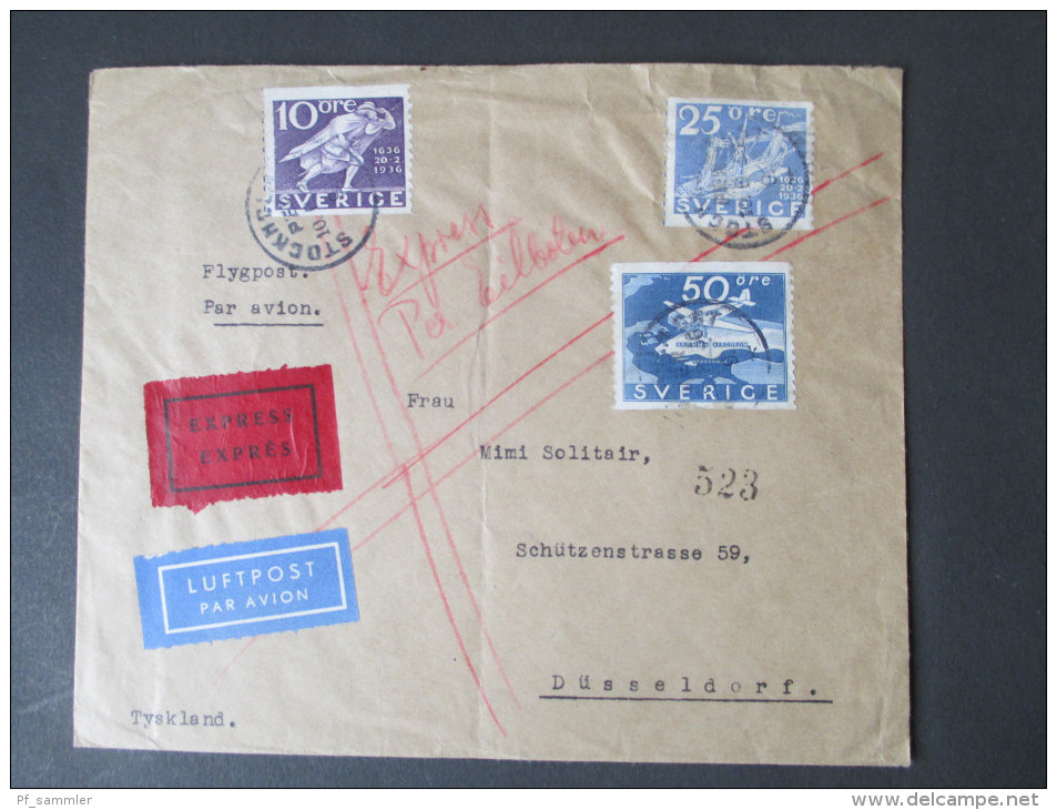 Schweden 1936 Express / Luftpostbrief. Eilbote. Michel Nr. 239 MiF. Nach Düsseldorf. Interessanter Beleg! Bechem-Rhus - Storia Postale