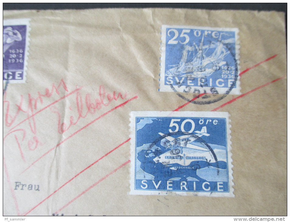 Schweden 1936 Express / Luftpostbrief. Eilbote. Michel Nr. 239 MiF. Nach Düsseldorf. Interessanter Beleg! Bechem-Rhus - Storia Postale