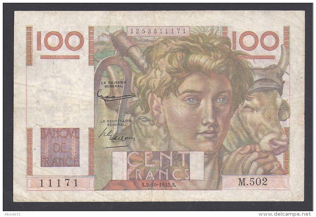 100 Francs  " Jeune Paysan " Filigrane Inversé  Du  2 - 10 - 1952 - 100 F 1945-1954 ''Jeune Paysan''