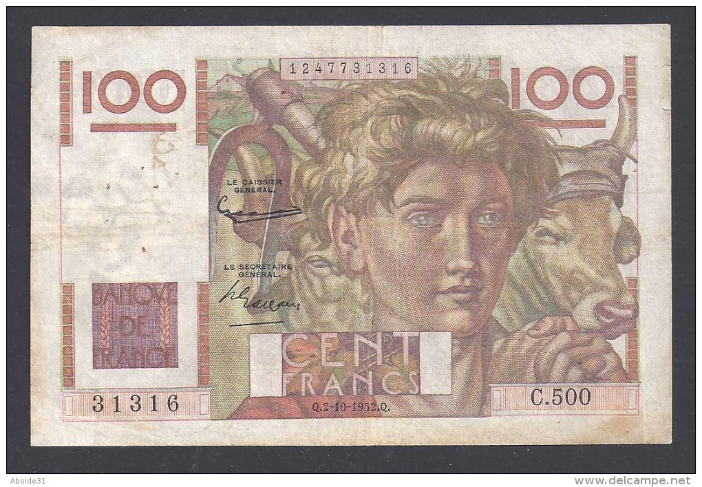100 Francs  " Jeune Paysan " Filigrane Inversé  Du  2 - 10 - 1952 - 100 F 1945-1954 ''Jeune Paysan''