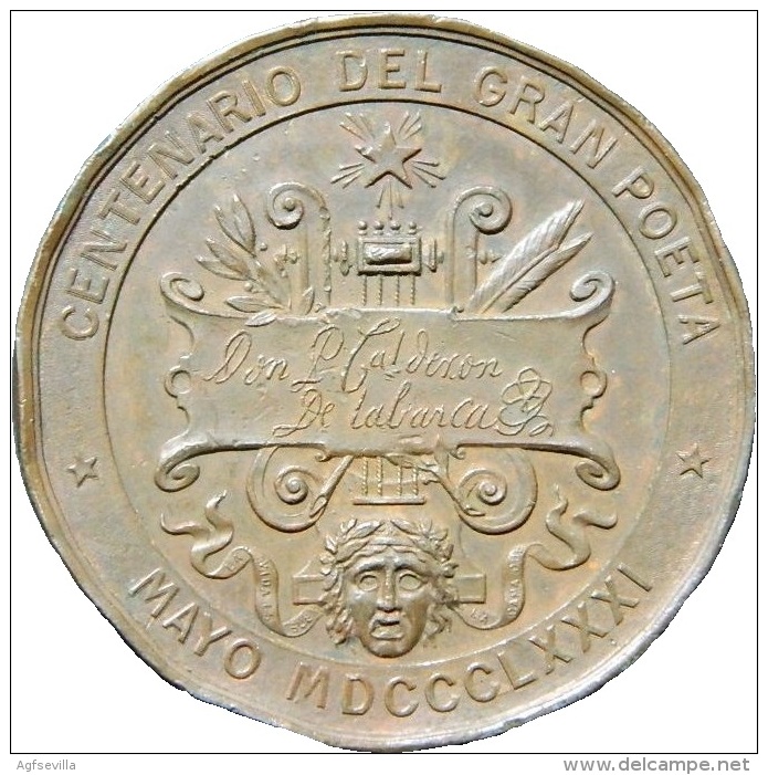 ESPAÑA. MEDALLA CENTENARIO DEL ESCRITOR PEDRO CALDERÓN DE LA BARCA. 1.881. ESPAGNE. SPAIN - Professionals/Firms