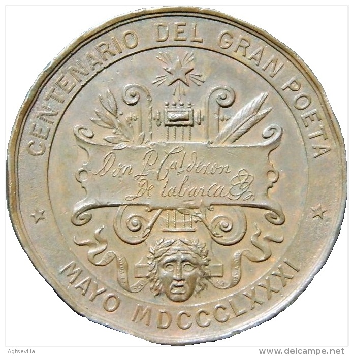 ESPAÑA. MEDALLA CENTENARIO DEL ESCRITOR PEDRO CALDERÓN DE LA BARCA. 1.881. ESPAGNE. SPAIN - Professionnels/De Société