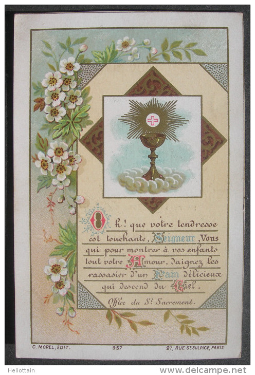 IMAGE PIEUSE MOREL N° 957 (chromo Fin XIXème): 1ère COMMUNION CALICE, TEXTE & FLEURS BLANCHES SANTINO - Andachtsbilder