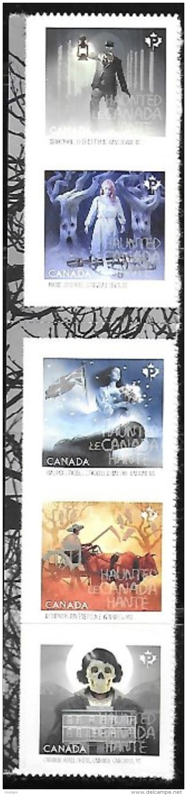 CANADA 2015, HAUNTED CANADA: Headless Man, Ox Cart, Greiving Grey Lady, Ghost, Spirits,bird,  5  Stamps, #2861-5 - Timbres Seuls