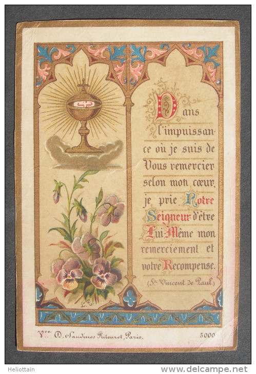 IMAGE PIEUSE Vve Saudinos - Ritouret N° 5000 (chromo Fin XIXème): 1ère COMMUNION CALICE, TEXTE & FLEURS PENSEES SANTINO - Andachtsbilder