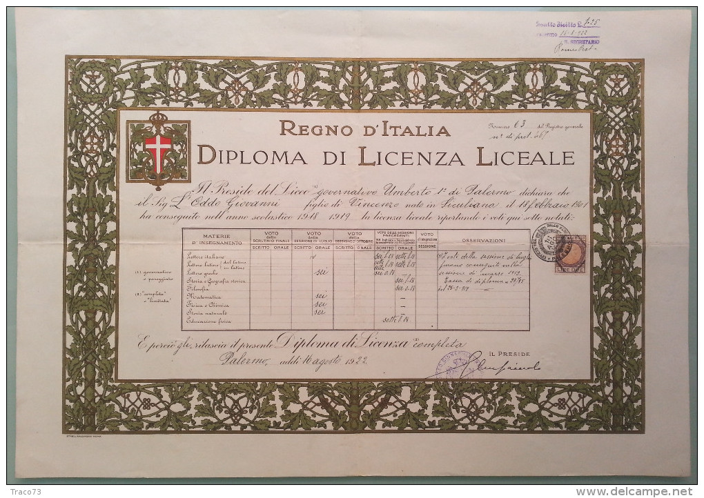 PALERMO - DIPLOMA DI LICENZA LICEALE  /  16 Agosto 1922 - Documenti Storici