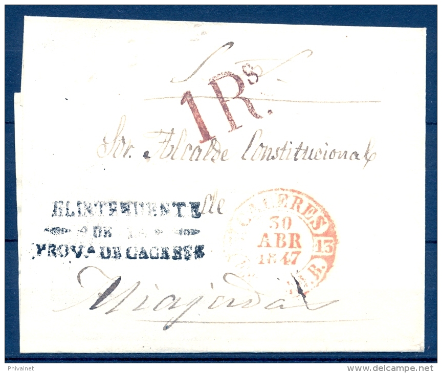 CÁCERES 1847, ENVUELTA PREFILATÉLICA CIRCULADA A MIAJADAS, BAEZA EN ROJO, MARCA ADMINISTRATIVA Y PORTEO - ...-1850 Prephilately