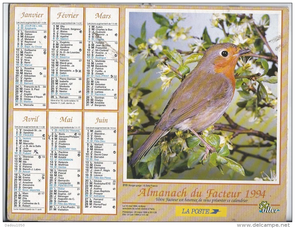 Calendrier Des Postes 1994 69 Rhone - Big : 1991-00