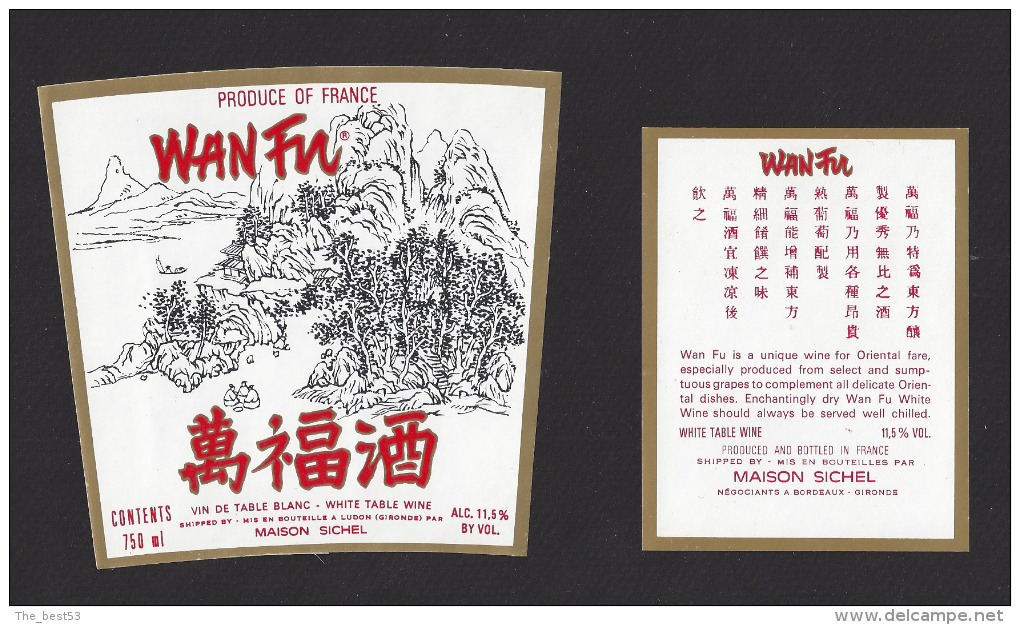 Etiquettes De Vin De Table Blanc 750 Ml  -  Wan Fu -  Thème Asie  -  Sichel à Ludon (33)  - Avec Sa Contre étiquette - Asiatiques