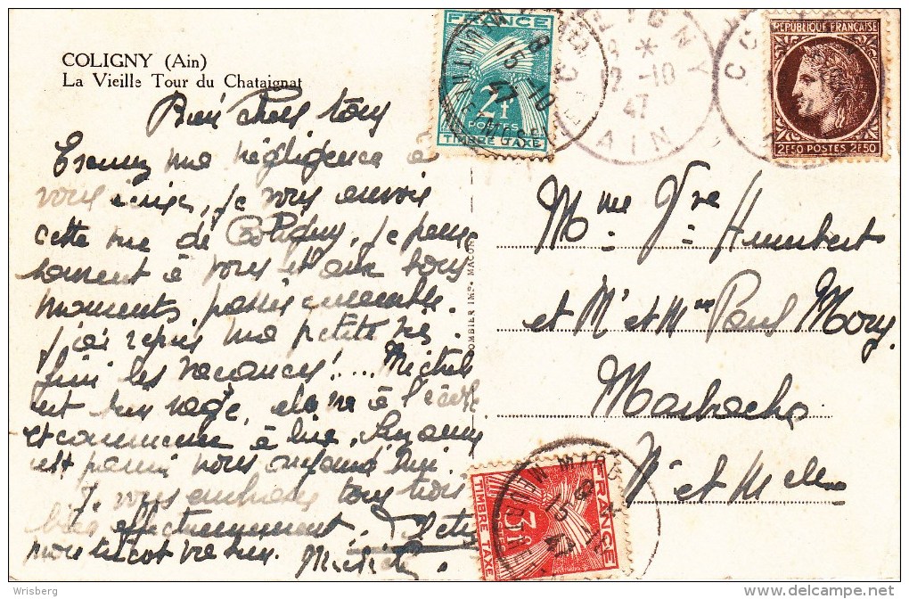 Carte Postale Affr Y&T 681 Obl COLIGNY Du 12.10.47 Taxée 2 + 3 F Du 15.10.47 - 1859-1959 Covers & Documents