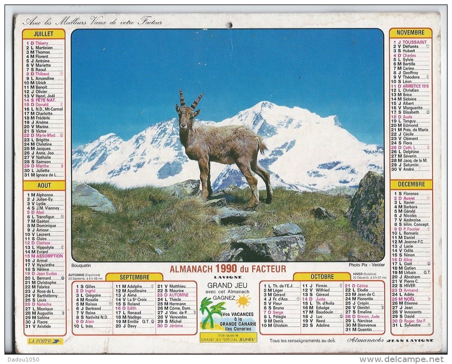 Calendrier Des Postes 1990  69 Rhone - Big : 1991-00