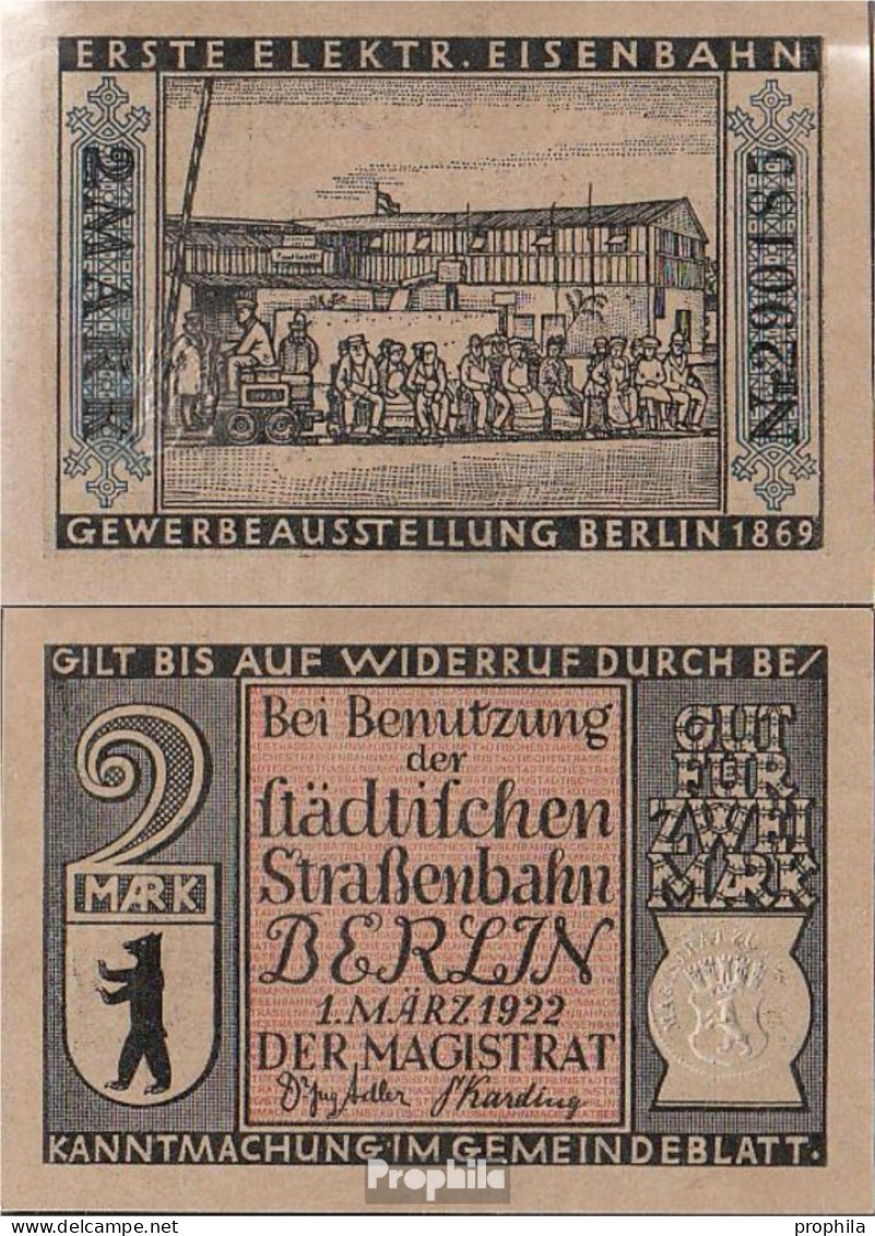 Berlin Notgeld: 92.3 Notgeld Berlin 5. 1869 Erste Elektrische Eisenbahn Bankfrisch 1922 2 Mark Berlin Straßenbahngeld - Lokale Ausgaben