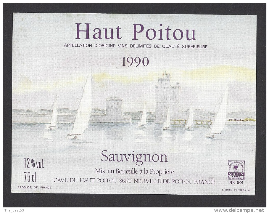 Etiquette De Vin Haut Poitou 1990  -  Sauvignon  -  Thème Voiliers à La Rochelle - Bateaux à Voile & Voiliers