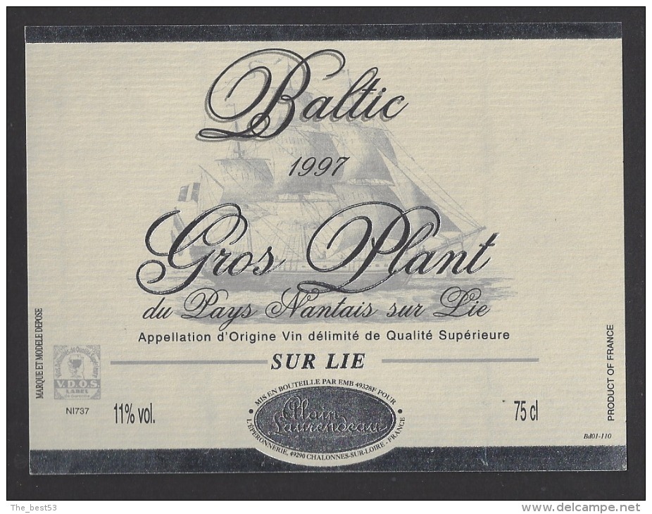 Etiquette De Vin Gros Plant Du Pays Nantais Sur Lie 1997  - Baltic  -  Thème Voiliers  -  A. Laurendeau à Chalonnes (49) - Bateaux à Voile & Voiliers