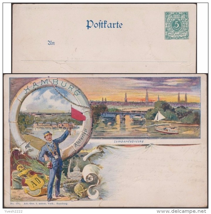 Allemagne Vers 1898. Carte Entier Postal Timbré Sur Commande. Hamburg Lombardsbrücke. Cygnes, Pont, Bite D'amarrage - Schwäne