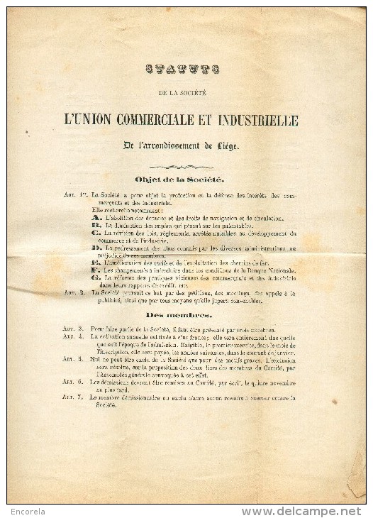 N°23 - 1 Centimes Obl. Dc  LIEGE Sur Imprimé (double A4, 8 Pages) Statuts De La Société L´UNION COMMERCIALE ET INDUSTRIE - 1866-1867 Petit Lion