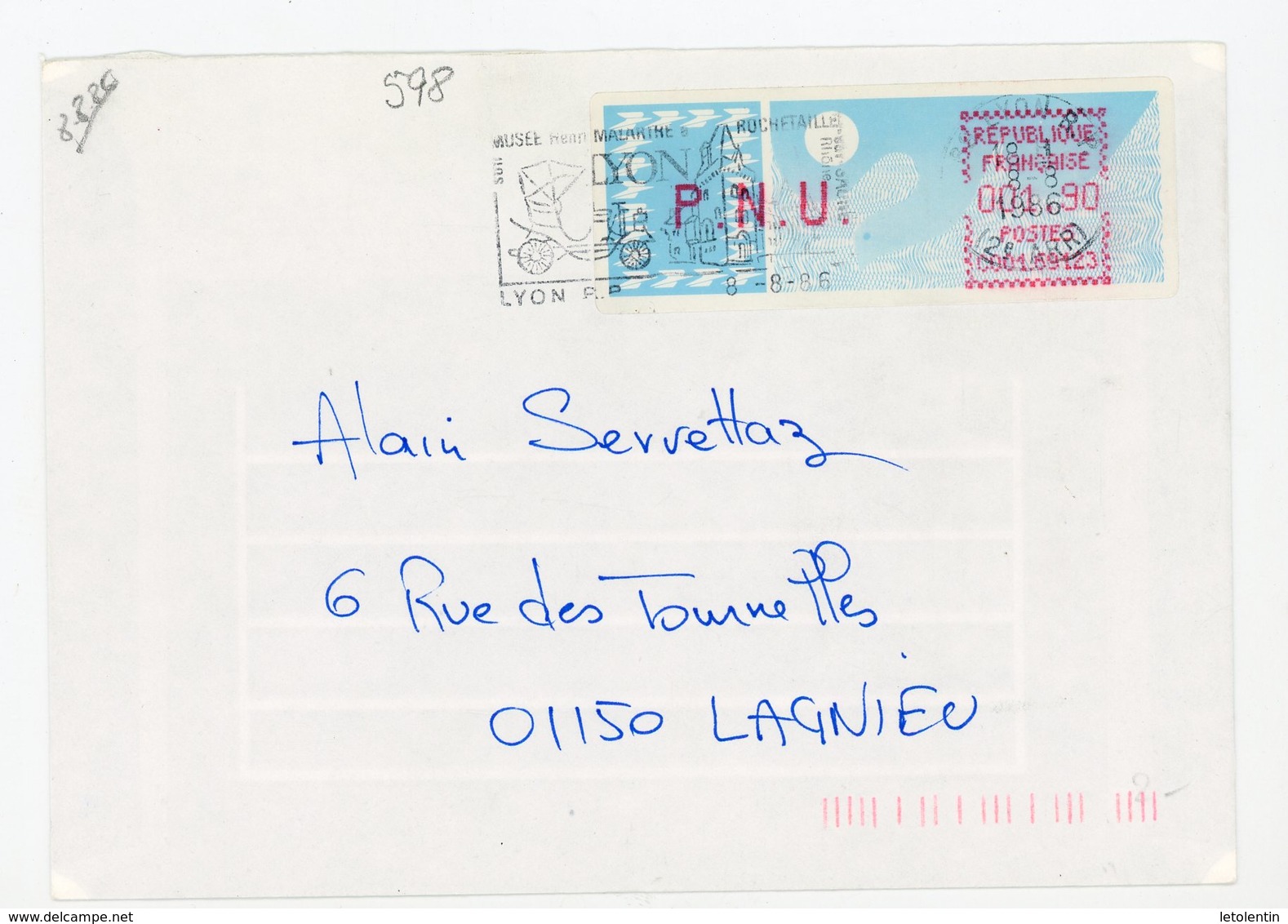 TIMBRES DE DISTRIBUTEUR LSA TYPE A-  PNU 1,90 LYON RP (C001 69123)-  N° Yvert  104 SUR LETTRE - 1985 « Carrier » Paper