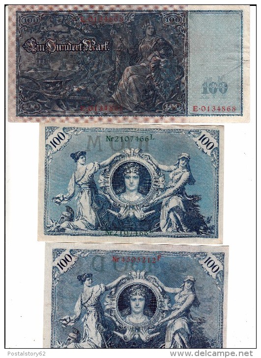 3 Reichsbanknote 100 Mark  From Imperial Germany. 1908 - 1910. Integre, Ottima Conservazione. - 100 Mark