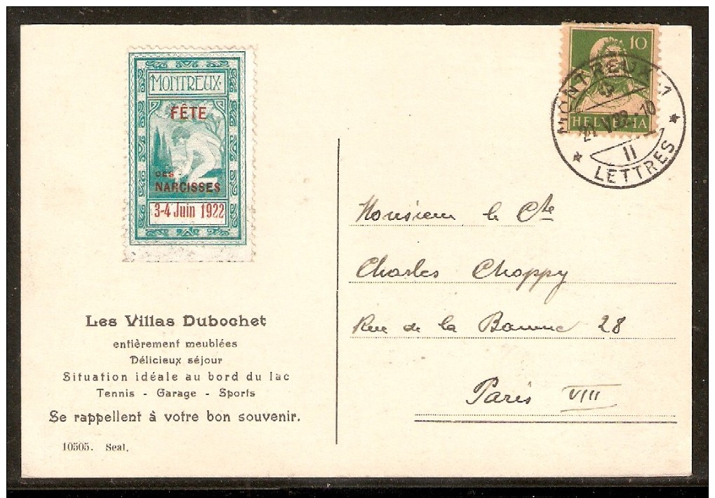 Suisse N° 161 Sur Carte Postale De Montreux De 1922 TB - Storia Postale