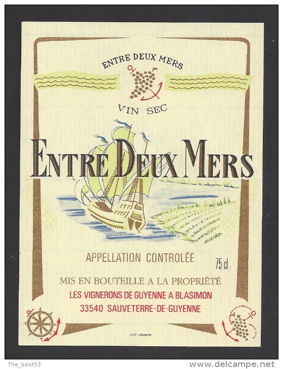 Etiquette De Vin Entre Deux Mers   -  Thème Bateau Voilier - Bateaux à Voile & Voiliers