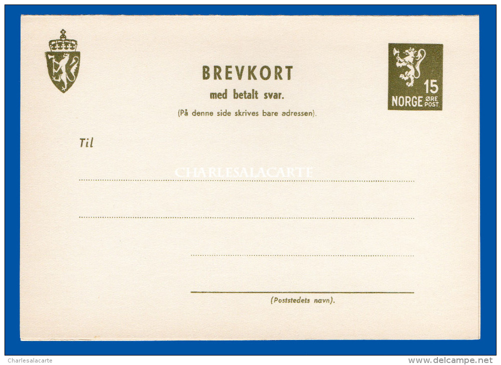 NORWAY PRE-PAID REPLY CARD UNUSED 15 ORE LION BREVKORT WATERMARK REVERSED - Postal Stationery