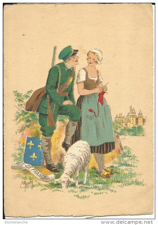 Carte Illustrateur Naudy - Région île De France - Femme, Bergère, Mouton, Tricote - Homme, Chasseur, Garde Chasse, Fusil - Naudy