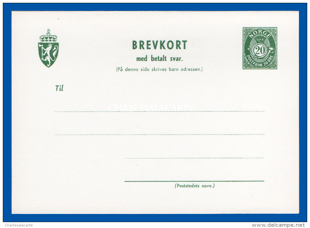 NORWAY PRE-PAID REPLY CARD UNUSED 20 ORE POSTHORN BREVKORT  WATERMARK REVERSED - Postal Stationery