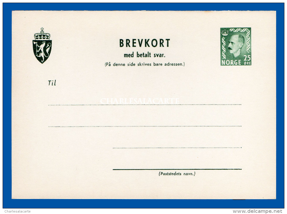 NORWAY PRE-PAID REPLY CARD UNUSED 25 ORE HAAKON VII BREVKORT  WATERMARK INVERTED - Postal Stationery