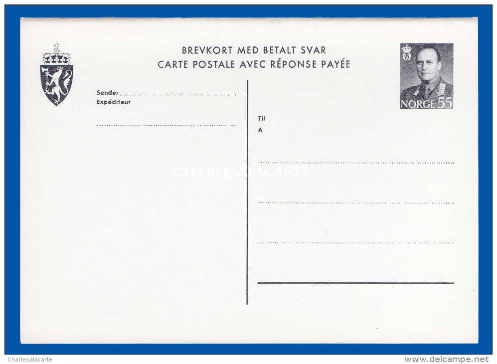 NORWAY PRE-PAID REPLY CARD UNUSED 55 ORE OLAV V BREVKORT  WATERMARK INVERTED - Enteros Postales