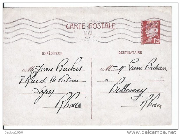 Carte Postale Entier Postal Pétain 1942 - 1941-42 Pétain