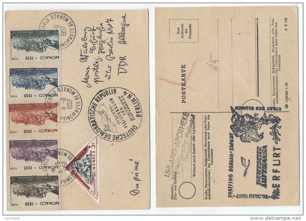 MONACO 1939 Michel 200 - 204 + 1957 1st FLIGHT CARD BERLIN - ERFURT - Cartas & Documentos