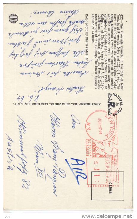 NEW YORK CITY - Riverside Church,   Postal History,  1964, PSM - Églises