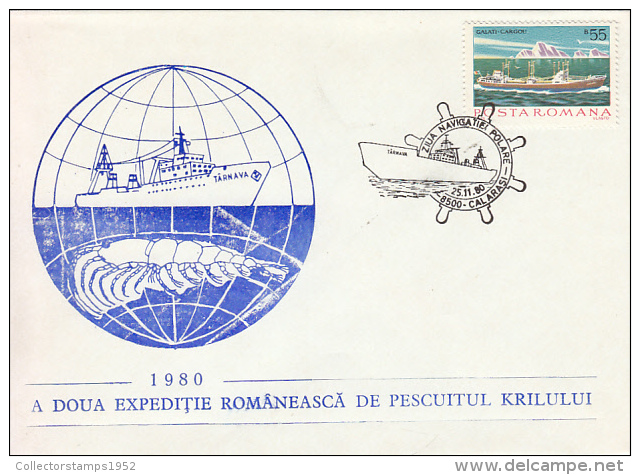 27683- KRILL FISHING SHIP IN ANTARCTICA, SPECIAL COVER, 1980, ROMANIA - Navires & Brise-glace