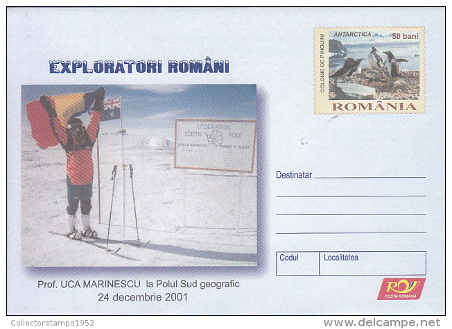 27687- UCA MARINESCU, POLAR EXPLORER, PENGUINS, SOUTH POLE, COVER STATIONERY, 2001, ROMANIA - Explorateurs & Célébrités Polaires