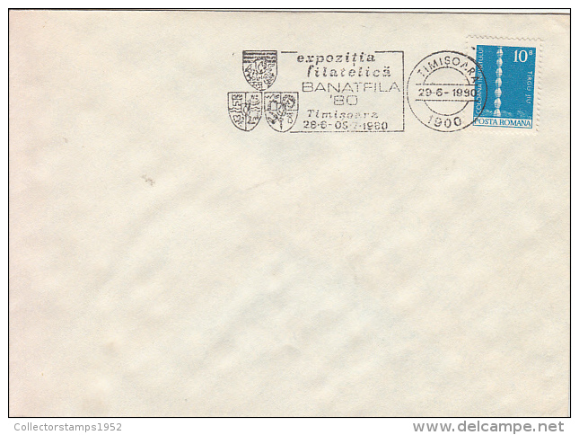 27774- TIMISOARA PHILATELIC EXHIBITION, SPECIAL POSTMARK, ENDLESS COLUMN STAMP ON COVER, 1980, ROMANIA - Briefe U. Dokumente