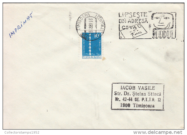 27777- WRITE THE POSTAL CODES, SPECIAL POSTMARK, ENDLESS COLUMN STAMP ON COVER, 1988, ROMANIA - Briefe U. Dokumente