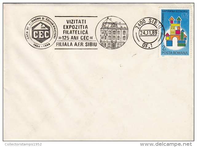 27800- SAVINGS AND DEPOSITS BANK-SIBIU, SPECIAL POSTMARKS AND STAMP ON COVER, 1989, ROMANIA - Cartas & Documentos