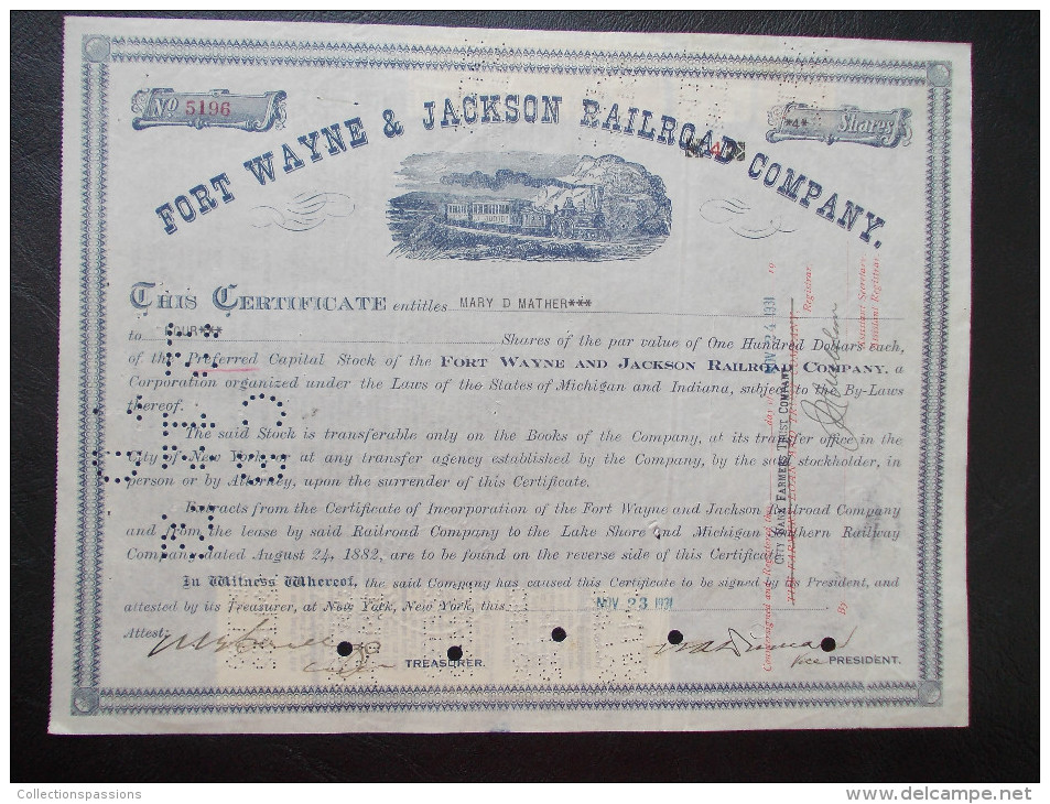 USA - Fort Wayne & Jackson Rail Road Company (Timbres Au Verso) - Chemin De Fer & Tramway