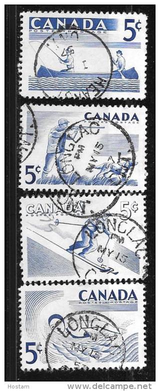 CANADA  1957, USED,#  365-8,  RECREATION SPORTS, Fishing, Swimming, Hunting, Sking USED - Oblitérés